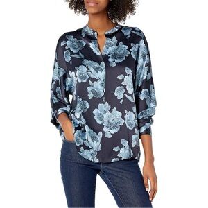 Vince Tapestry Floral Silk Popover Top Blue Black